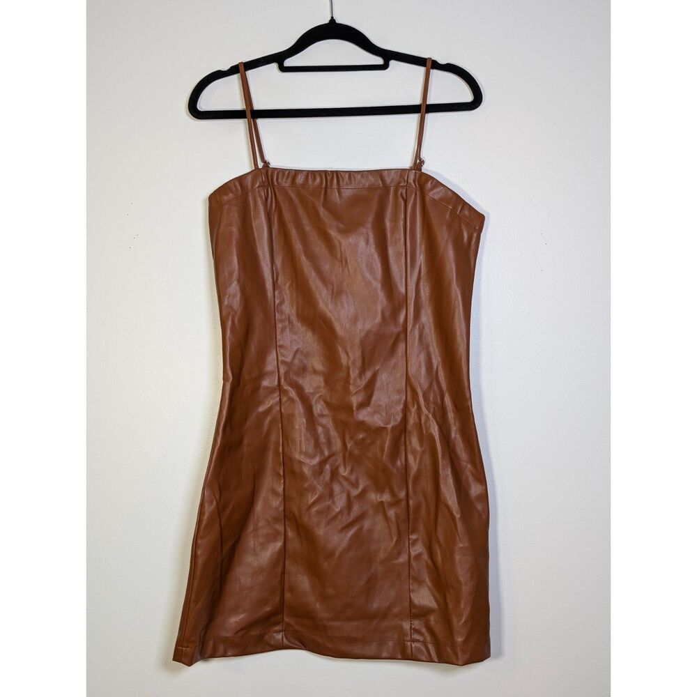 Love Tree Cognac Faux Leather Mini Dress Vegan Leather Bodycon NWT M Date Night - Picture 2 of 8